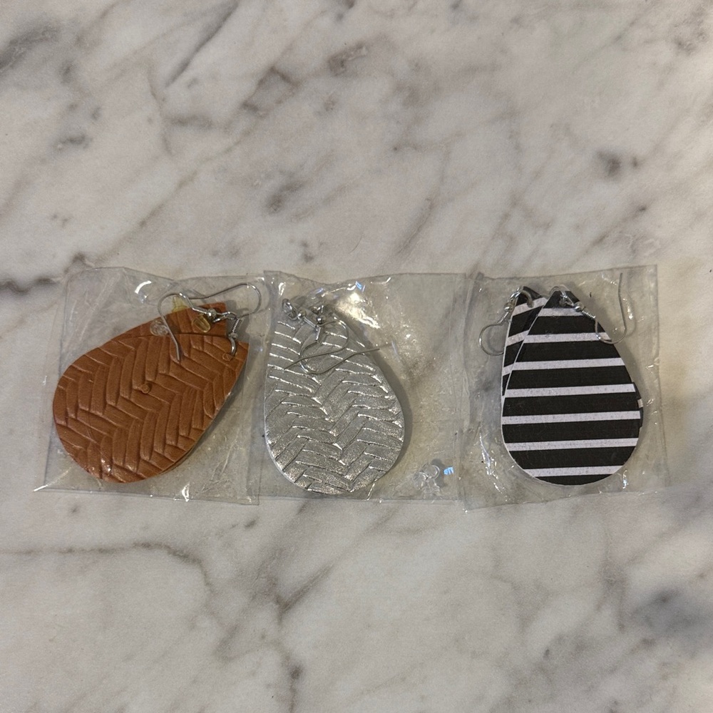 Tan, Silver and Black and White Striped Teardrop Earrings (New Set of 3)
